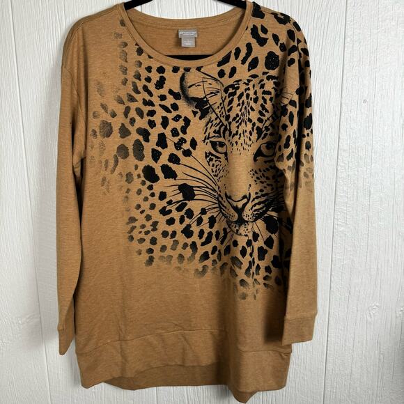 Chico's Zenergy Cheetah Print Head Face Sweater Size 1 or U.S. 8/10 Crew Neck - Picture 2 of 9